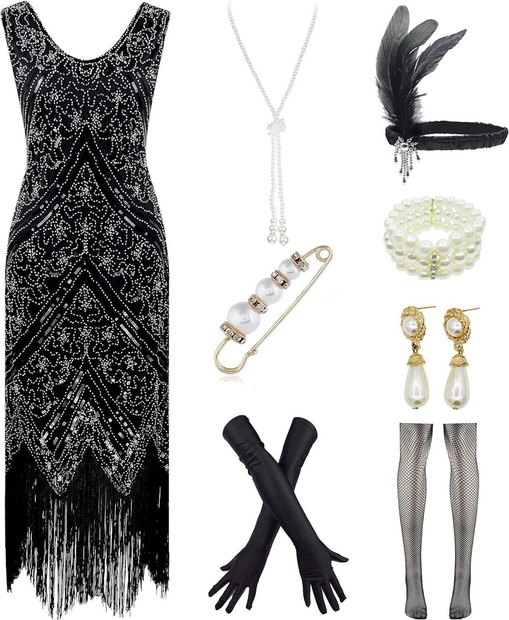 9404 1920s Gatsby V-Neck Sequin Art Deco Flapper Dress with 20s Accessories
